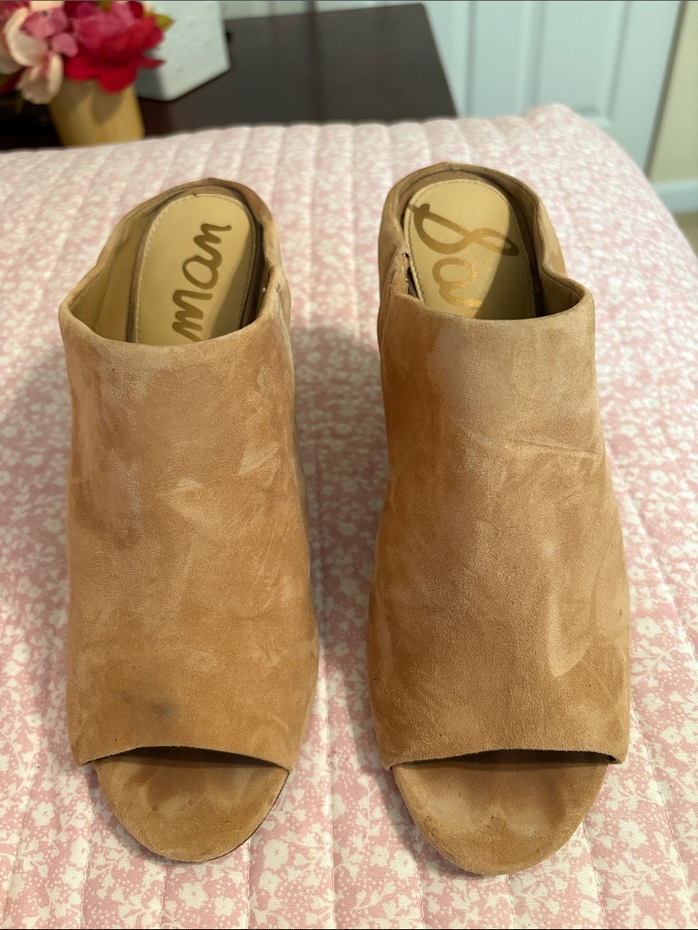 Sam Edelman Tan Suede Peep-Toe Mule Heels